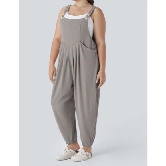 Halara Waffle Knit Pleated Overalls Jumpsuit Mink Brown Adjustable Size L - Picture 2 of 16